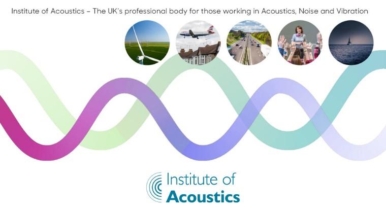 Institute of Acoustics banner with colourful sound waves and examples of acoustics across wind energy, aviation, transport, events, and offshore industries