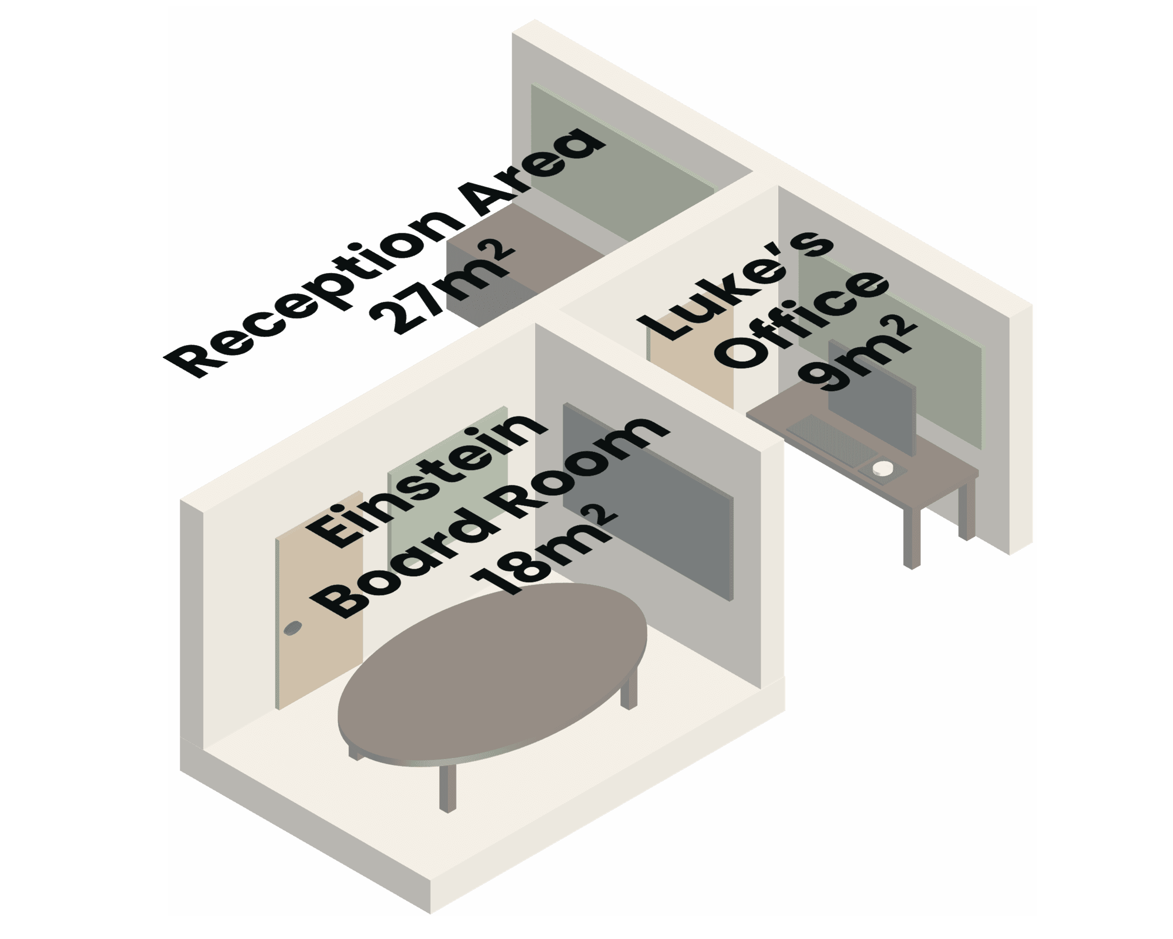 Cutaway illustration of three labelled rooms with furnishings, wall panels and varied finishes.