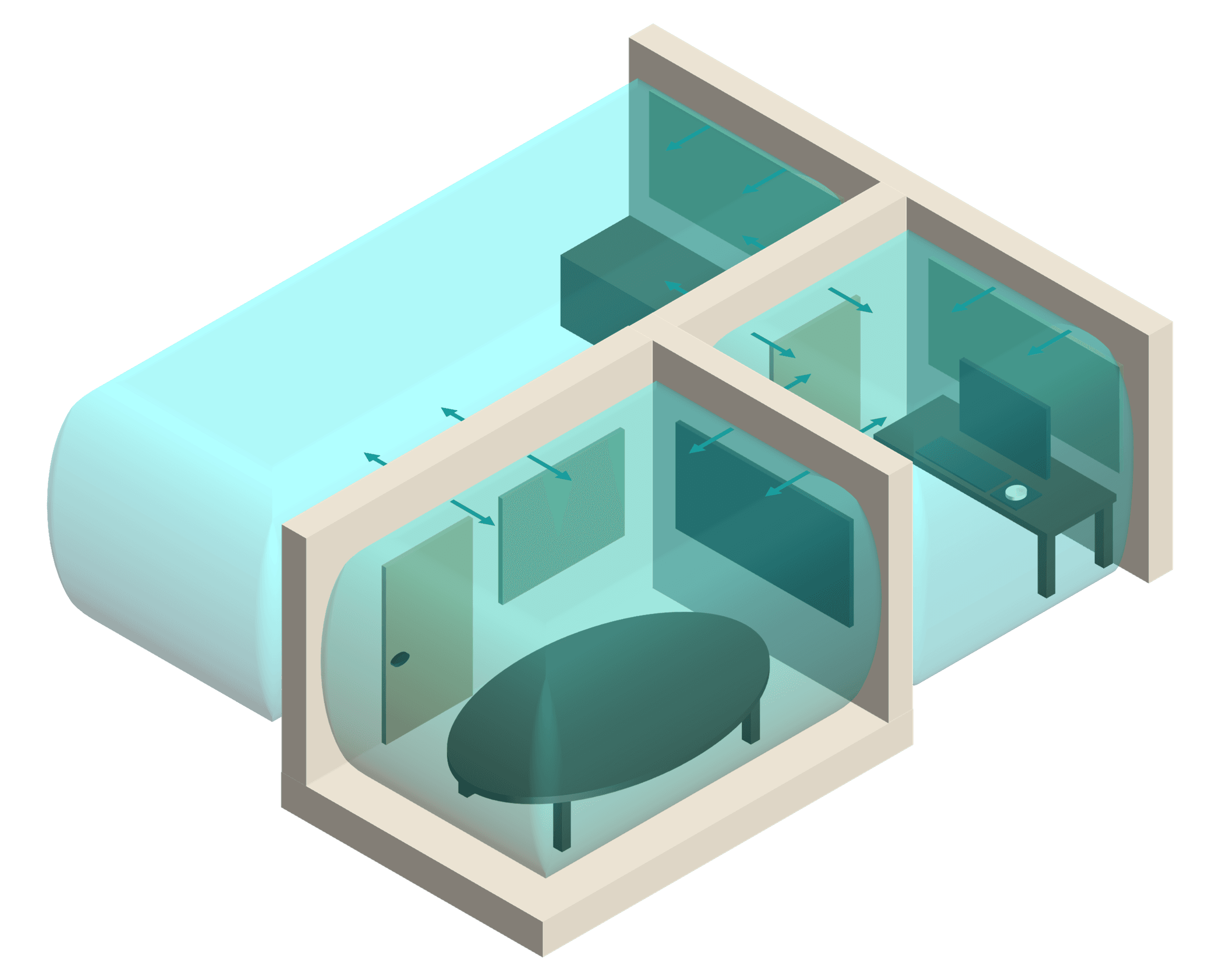 Connected rooms overlaid with turquoise analysis regions and directional arrows.