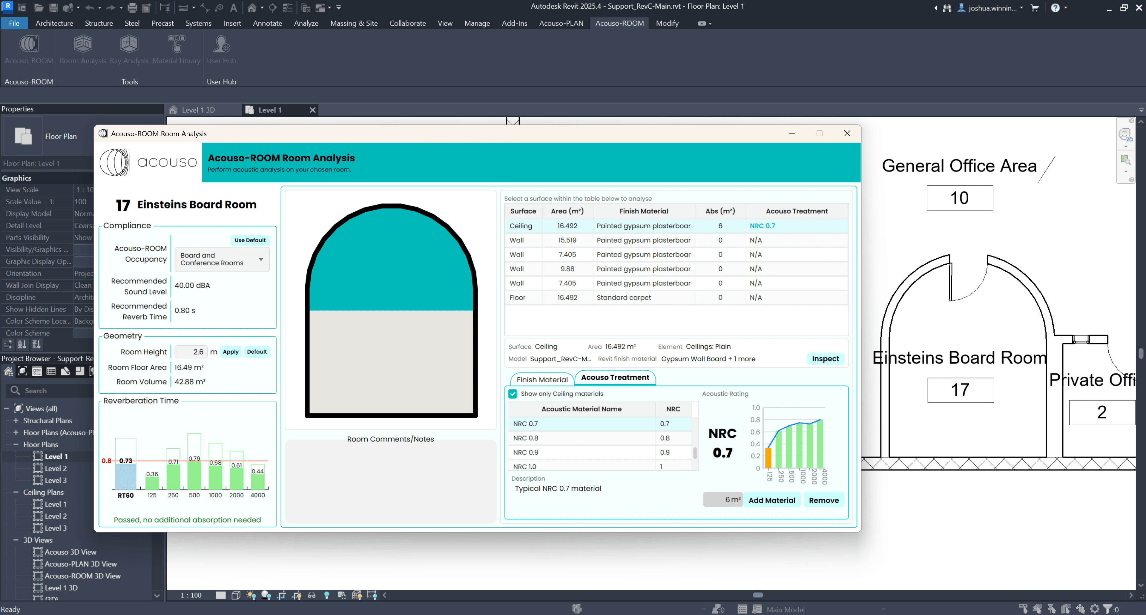 Acouso-ROOM room analysis window with reverberation results, acoustic treatment settings, and the Revit plan behind it