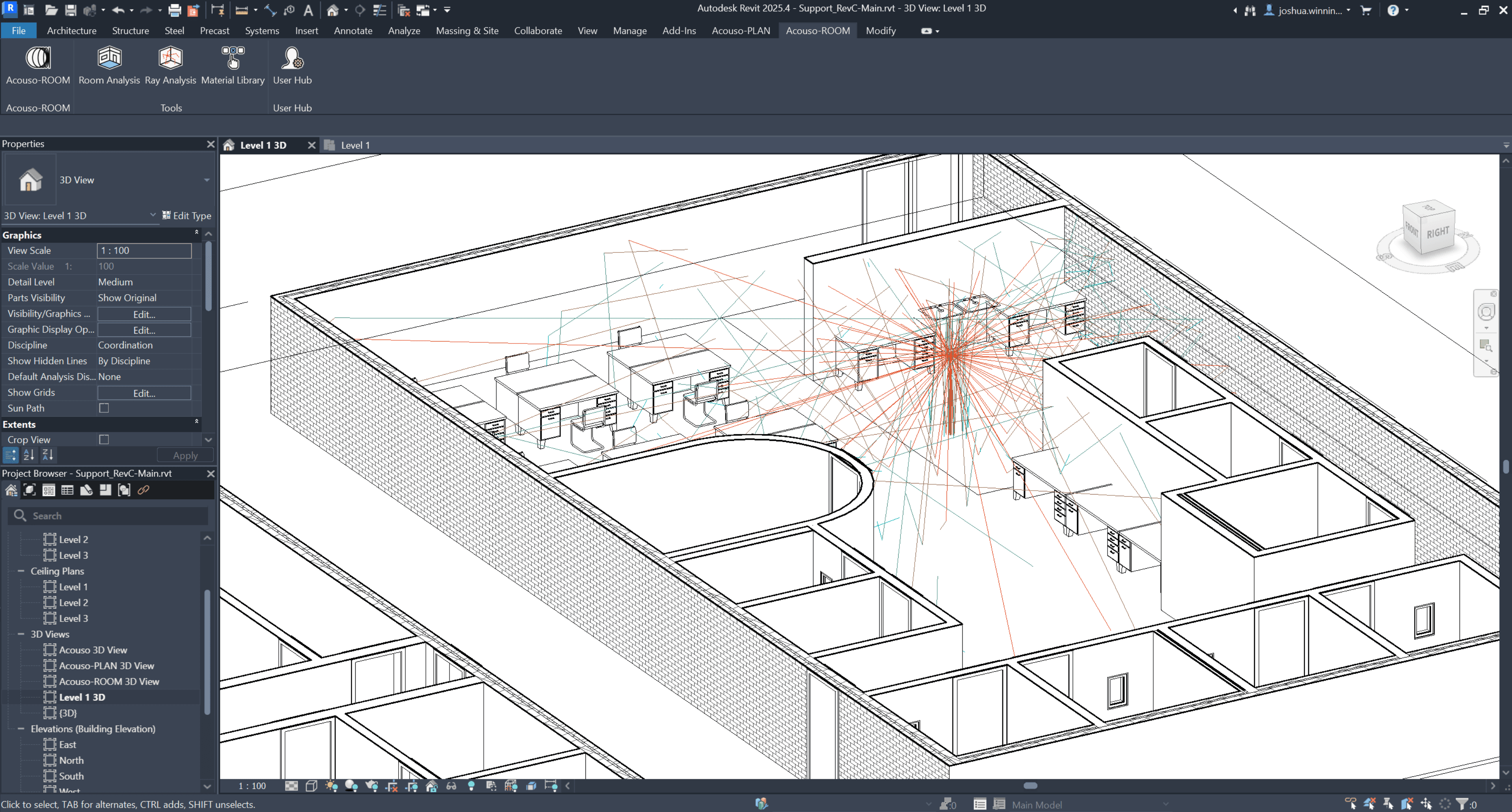 Acouso-ROOM acoustic ray simulation shown inside an Autodesk Revit model