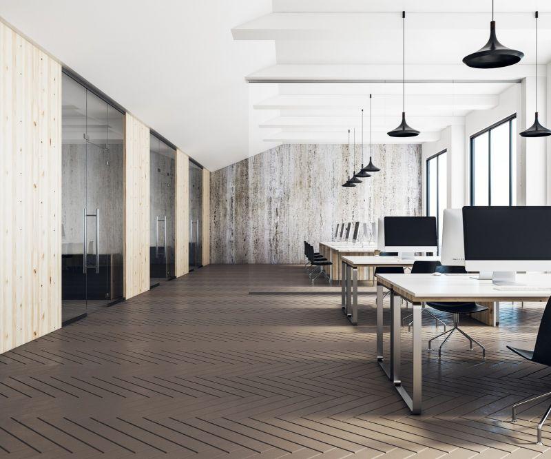 Open-plan office with desks and glazed meeting rooms
